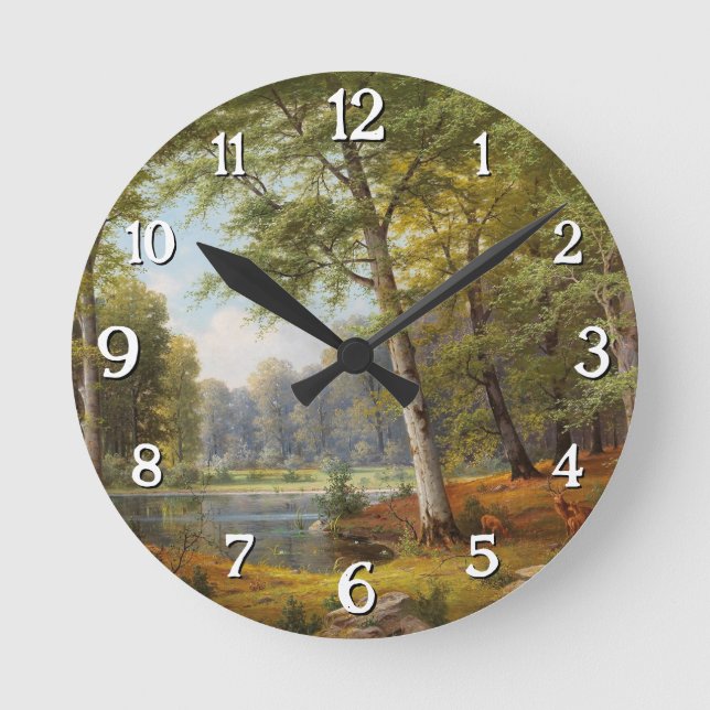 Red Deer by the Forest Pond Round Clock (Front)