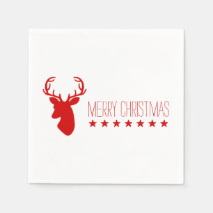Red Deer Head And Stars With Text Merry Christmas Napkin