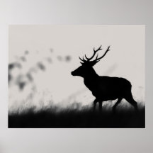 Red Deer Stag Silhouette in Mist – Black and White