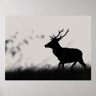 Red Deer Stag Silhouette in Mist – Black and White Poster