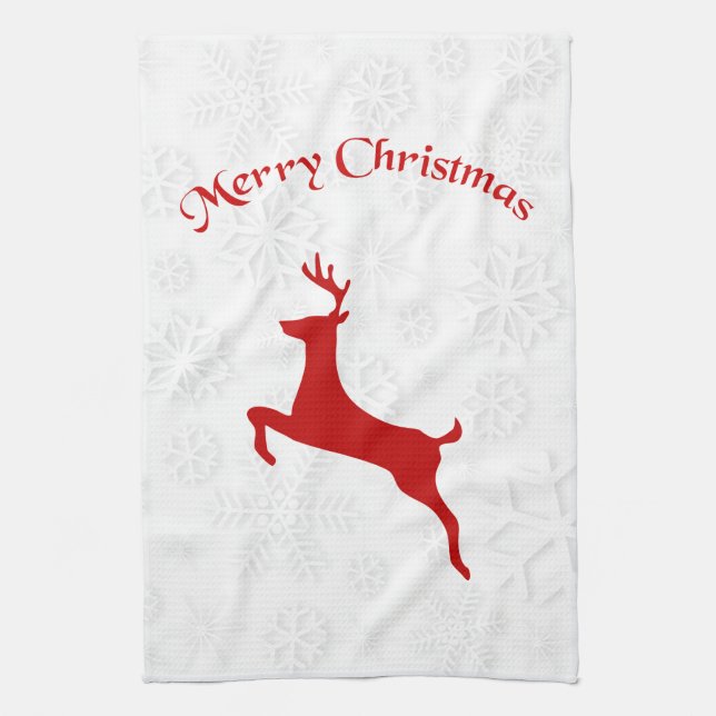 Red Deer White Snowflakes Tea Towel (Vertical)