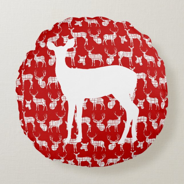 Red Deer With White Buck and Doe Round Pillow (Front)