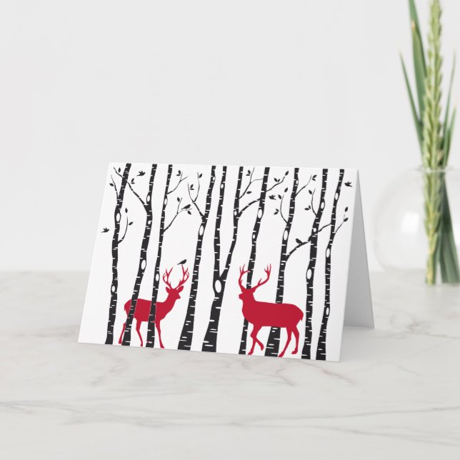 Red deers in birch tree forest holiday card (Front)