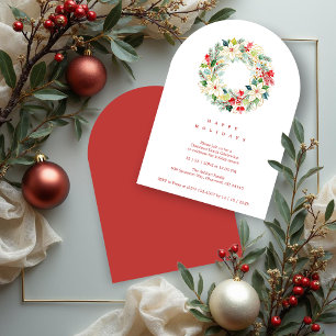 Red Delicate Chic Winter Christmas Wreath Party Invitation