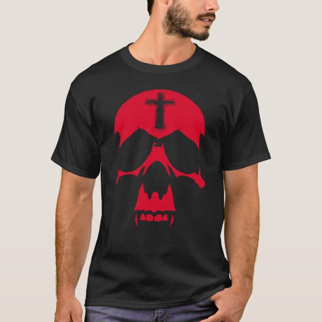Red Demon Skull Gothic Graphic Design T-Shirt (Front)