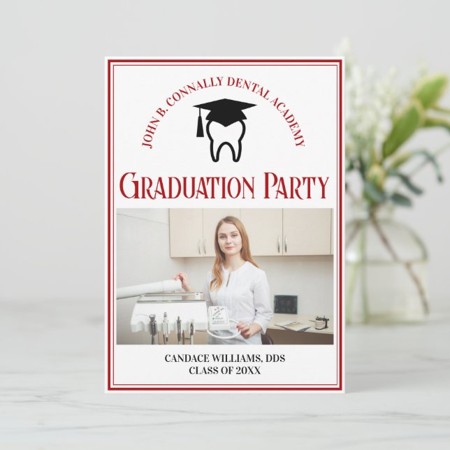Red Dental School Photo Custom Graduation Party Invitation (Standing Front)
