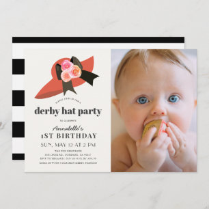 Red Derby Hat Rose 1st Birthday Party Photo Invitation