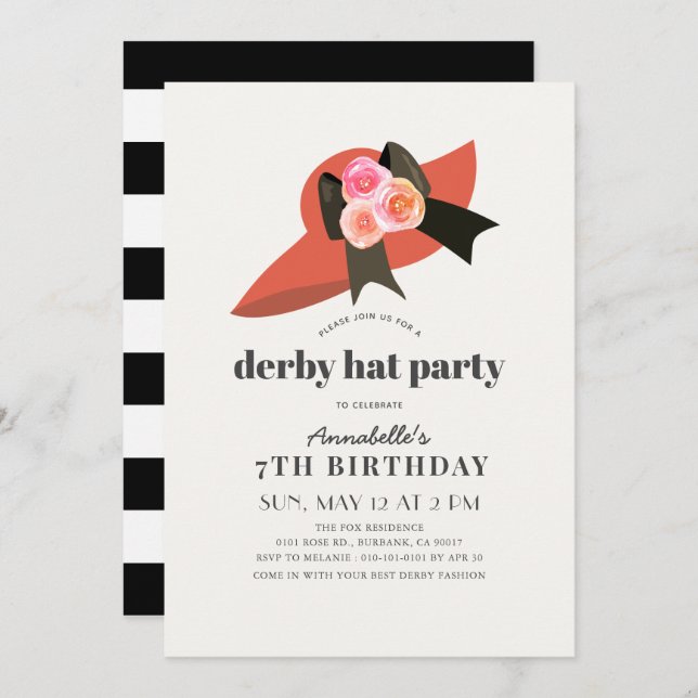 Red Derby Hat Rose Girl Birthday Party Invitation (Front/Back)