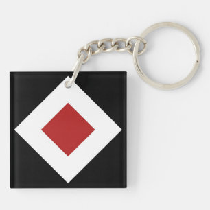 Red Diamond, Bold White Border on Black Key Ring