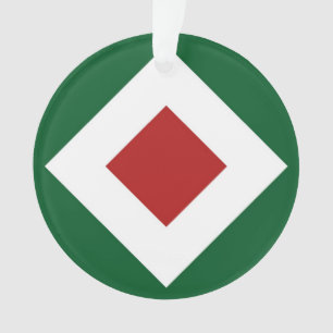 Red Diamond, Bold White Border on Green Ornament
