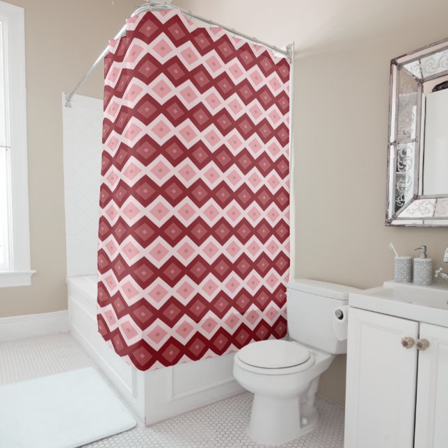 Red diamond pattern shower curtain (In Situ)
