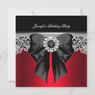 Red Diamonds Lace Image Birthday Party Black Invitation