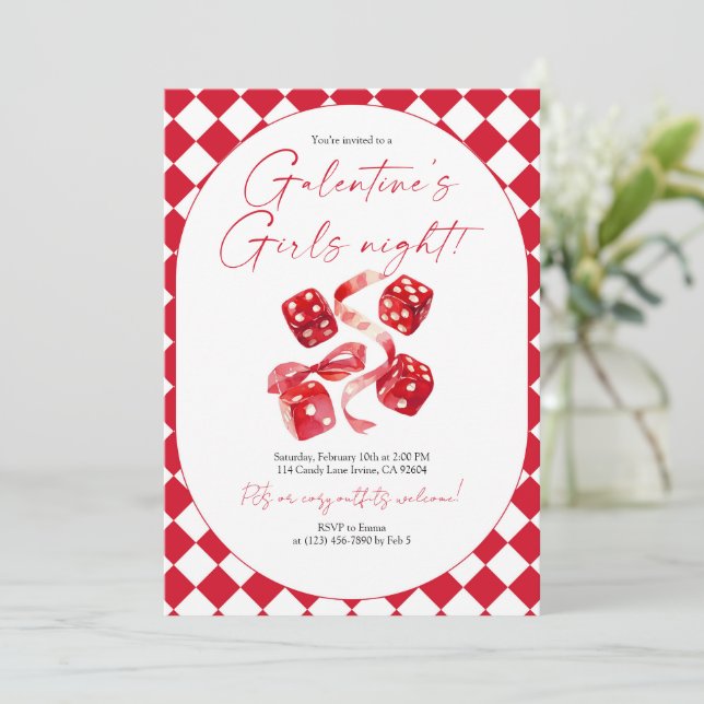 Red Dice & Ribbon Galentine’s Girls Night Party Invitation (Standing Front)