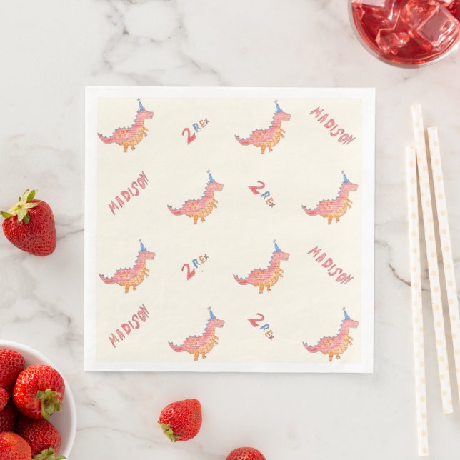 Red dinosaur two rex 2nd birthday party  napkin (Insitu)