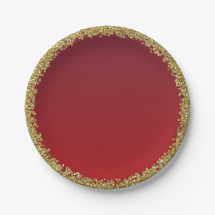 Red Dipped Gold Glitter Glam Sparkle Party Paper Plate