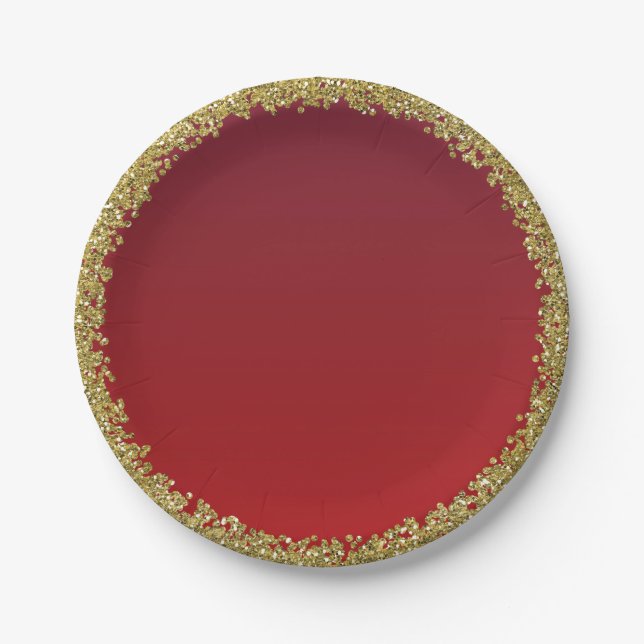 Red Dipped Gold Glitter Glam Sparkle Party Paper Plate (Front)