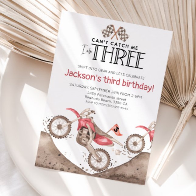 Red Dirt Bike 3rd birthday - Cant catch me Invitation (Red dirt bike birthday invitation)