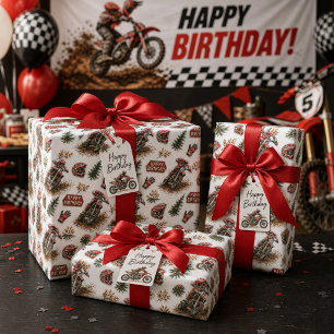 Red Dirt Bike Motocross Pattern Birthday for Boys Wrapping Paper