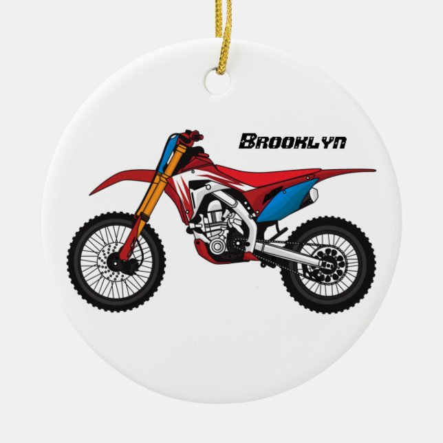 Red dirt bike motorcycle  ceramic tree decoration (Front)