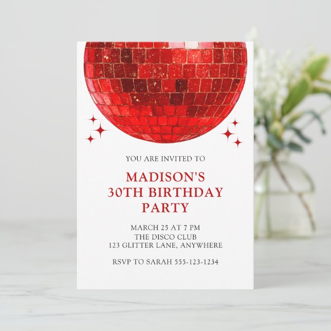 Red Disco Ball 30th Birthday Disco Party Invitation (Standing Front)