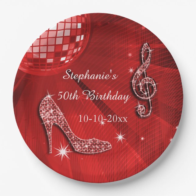 Red Disco Ball and Heels 50th Birthday Paper Plate (Front)