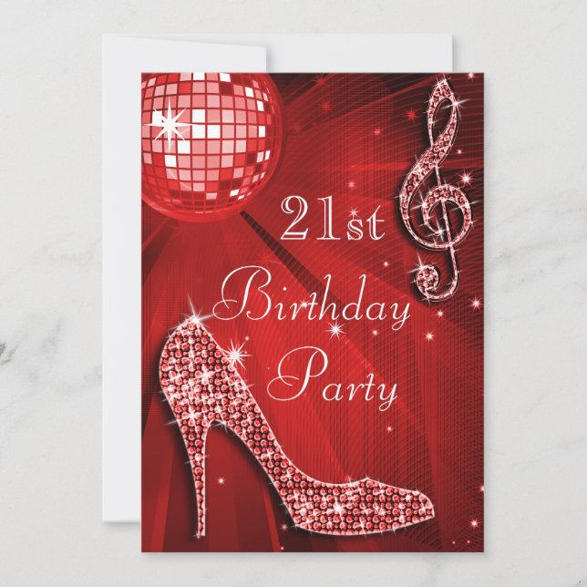 Red Disco Ball and Sparkle Heels 21st Birthday Invitation (Front)
