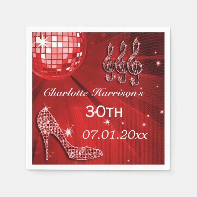 Red Disco Ball and Sparkle Heels 30th Napkin (Front)