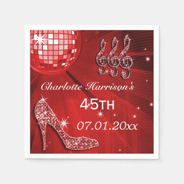 Red Disco Ball and Sparkle Heels 45th Napkin (Front)
