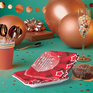 Red Disco Party Theme with Stars and Glitter Ball  Paper Plate
