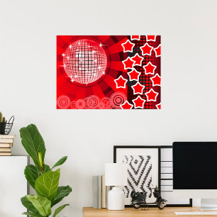 Red Disco Party Theme with Stars and Glitter Ball  Poster