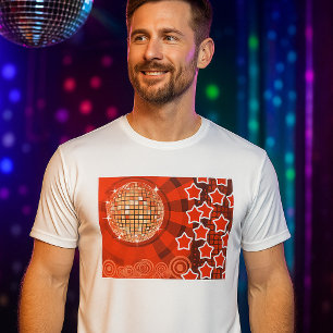 Red Disco Party Theme with Stars and Glitter Ball T-Shirt