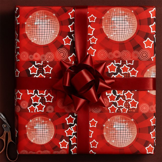 Red Disco Party Theme with Stars and Glitter Ball  Wrapping Paper (Creator Uploaded)