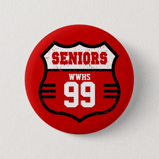 Red Distressed Seniors Road Sign 6 Cm Round Badge (Front)