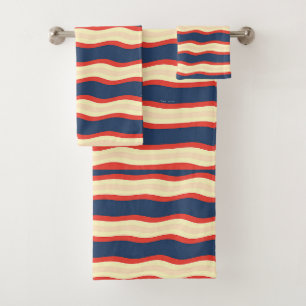 Red Dk Blue Creme Wavy   Bath Towel Set
