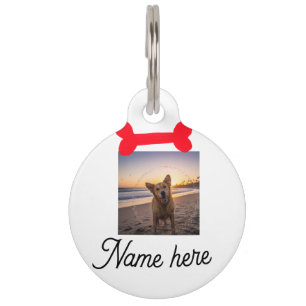 Red dog bone photo pet dog cat name simple gifts tag