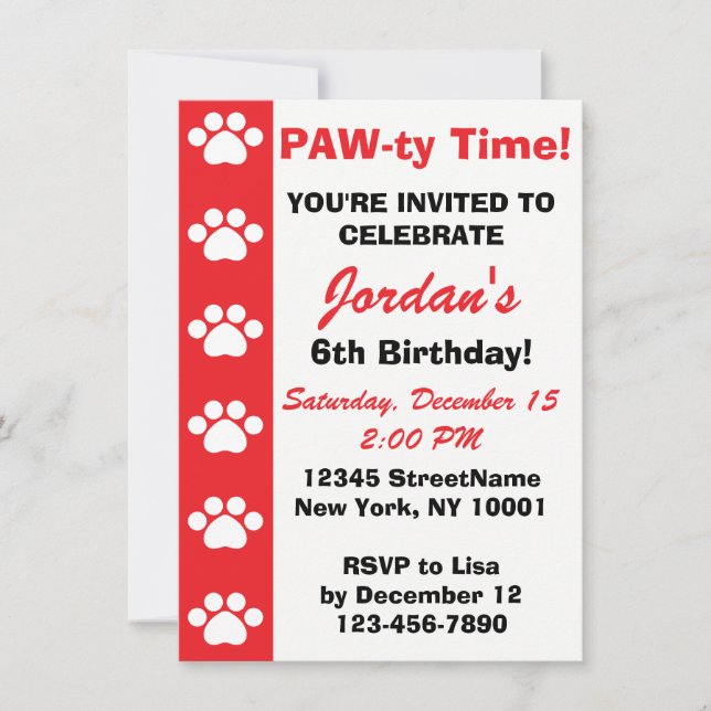 Red - Dog or Cat Themed Birthday Party Invitations (Front)
