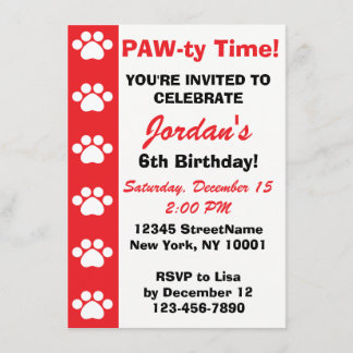 Red - Dog or Cat Themed Birthday Party Invitations