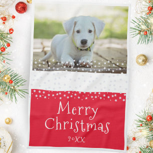 Red Dog Pet Photo Stars Merry Christmas  Tea Towel