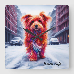 Red dog walking down snowy winter street square wall clock