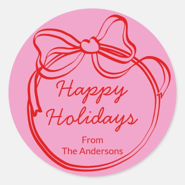 Red Doodle Bow Frame Custom Holiday Classic Round Sticker (Front)