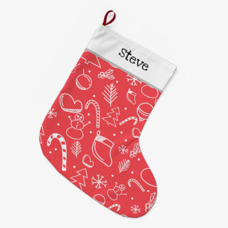 Red Doodle Christmas Pattern - Festive Holiday Large Christmas Stocking
