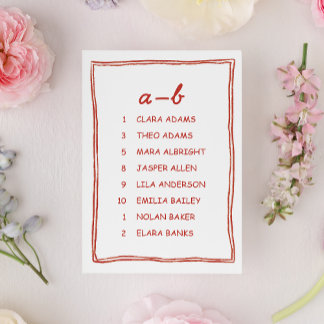 Red Doodle Numeric Wedding Seating Chart Card