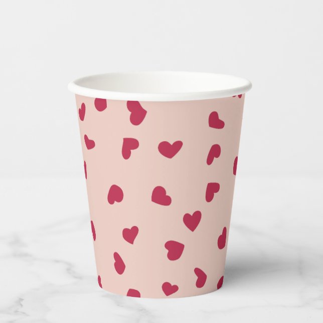 Red Doodled Hearts on Peach Paper Cups (Front)
