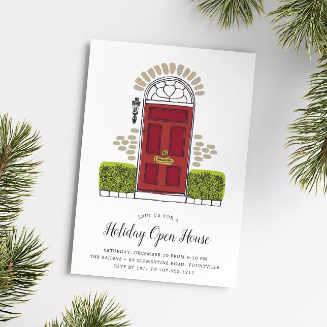Red Door Holiday Open House Invitation (A festive holiday party invitation in classic shades of red and green.)