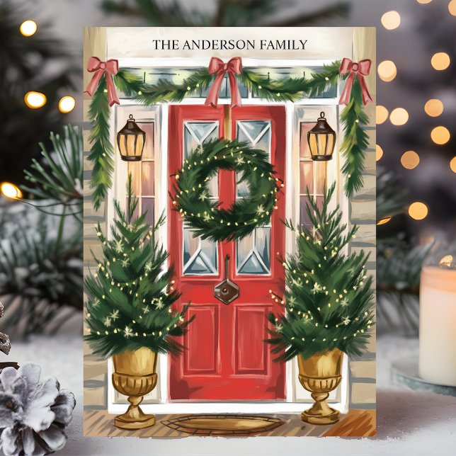 Red Door Holiday Wreath Family Christmas Card (Creator Uploaded)