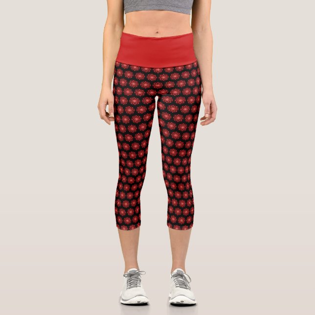 Red Dot Mandala Flower Capri Leggings (Front)