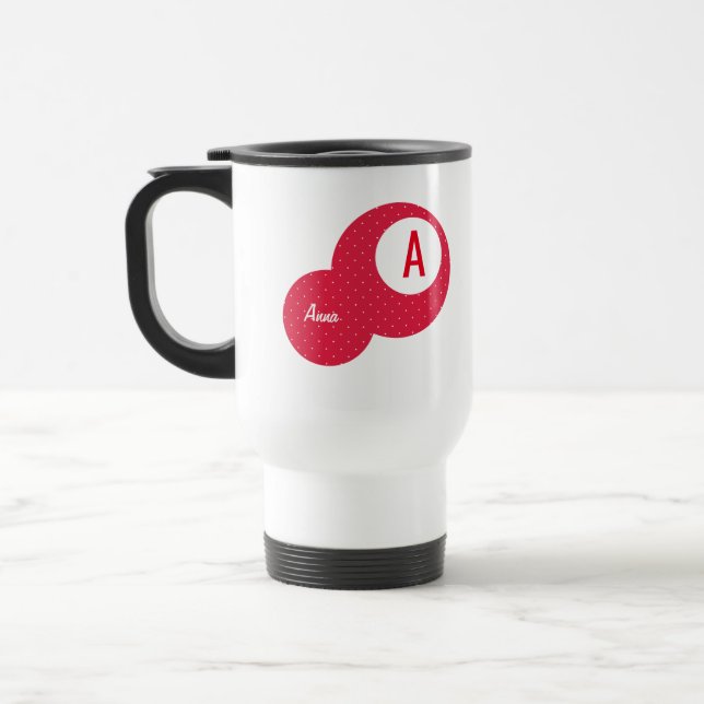 Red Dotty Personalised Monogram Travel Mug (Left)