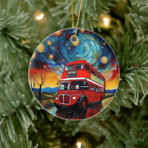 Red Double Decker Bus On A Starry Night, Ceramic Tree Decoration