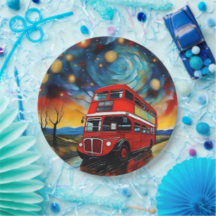 Red Double Decker Bus On A Starry Night, Paper Plate