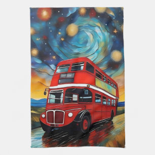 Red Double Decker Bus On A Starry Night, Tea Towel